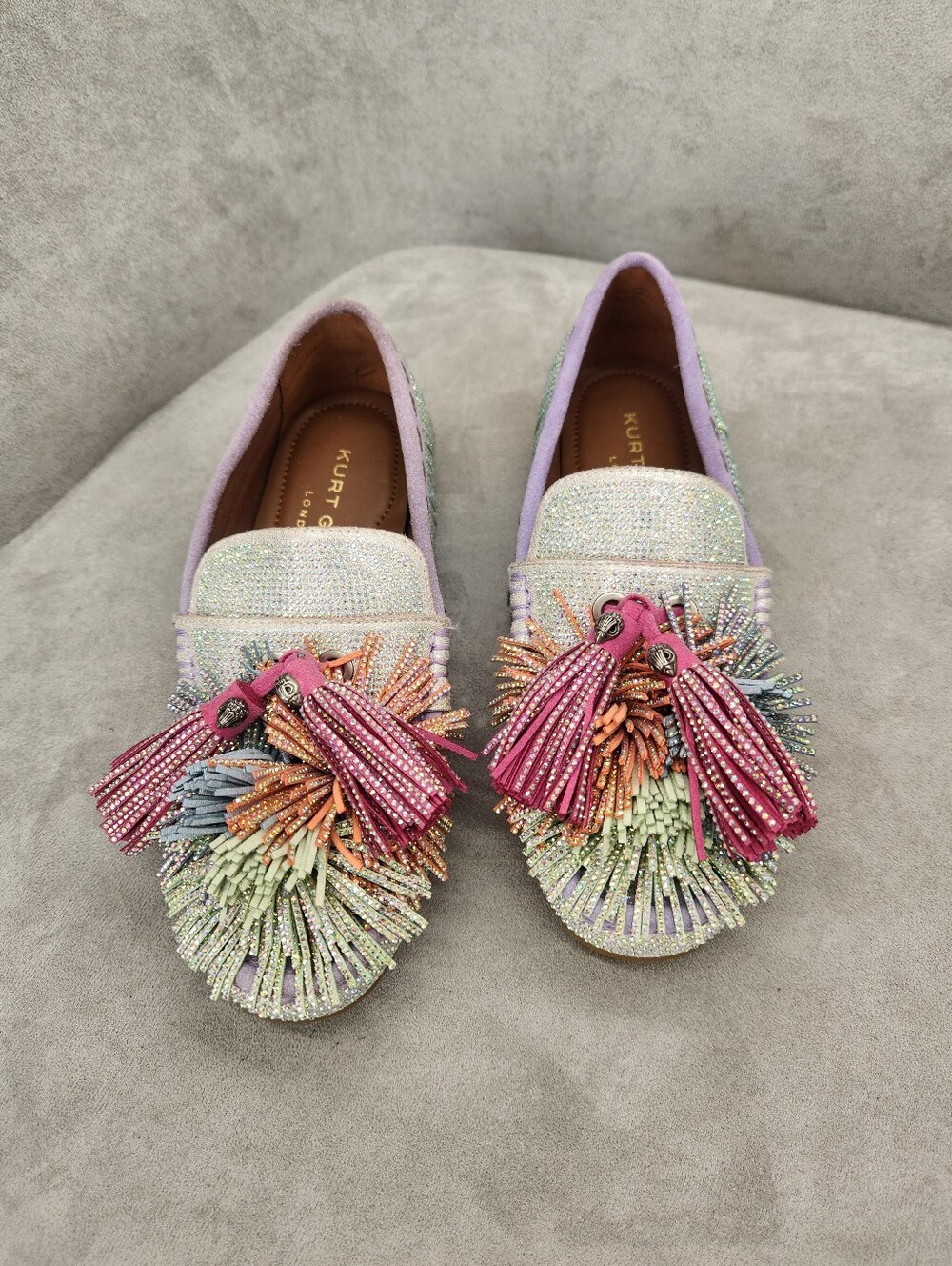 Kurt Geiger Moccasins 6 Mint Green Lilac Suede Pom Pom Tassel Fringe New $245